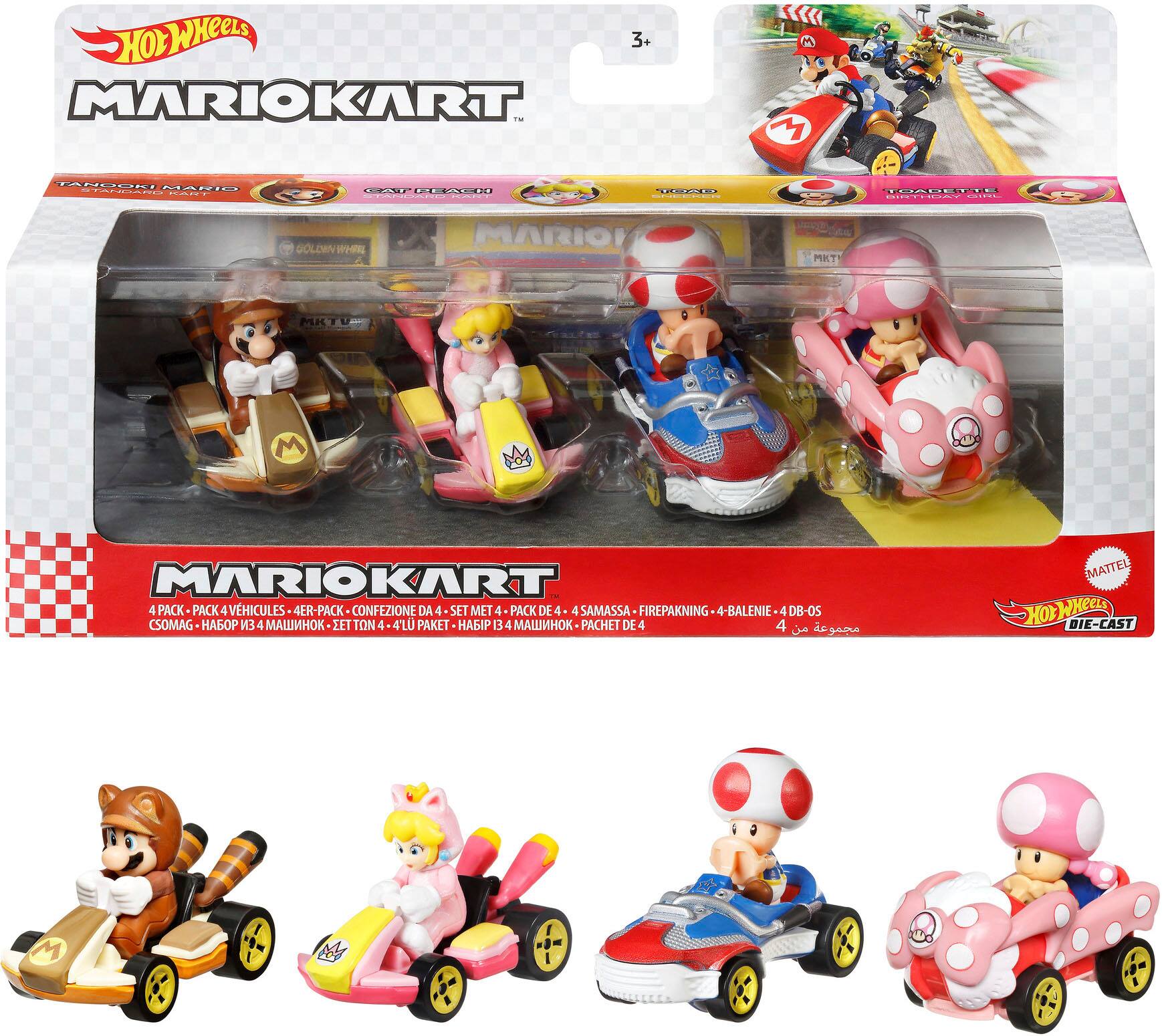 The text on the image reads: "Mario Kart 4 Pack - 4 Vehicles 4-Pack Confessione da 4 set - Mattel Hot Wheels". This suggests that the image features a set of four toy vehicles from the Mario Kart series, possibly from the Mario Kart 4 game. The toys are made by Mattel and are part of the Hot Wheels brand.