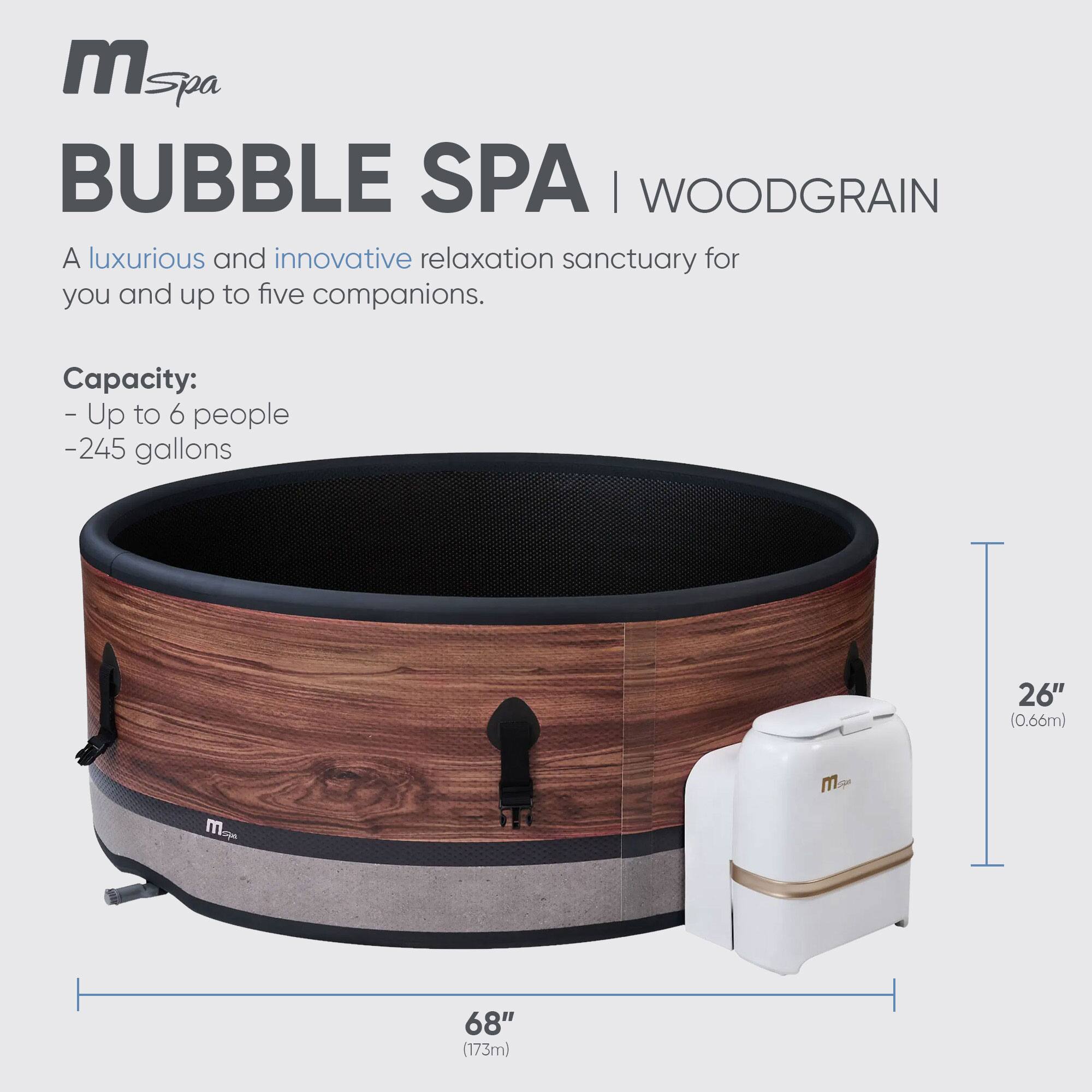 **BUBBLE SPA | WOODGRAIN**

A luxurious and innovative relaxation sanctuary for you and up to five companions.

**Capacity:**
- Up to 6 people
- 245 gallons

**Dimensions:**
- 68" (173cm) in diameter
- 26" (0.66m) in height