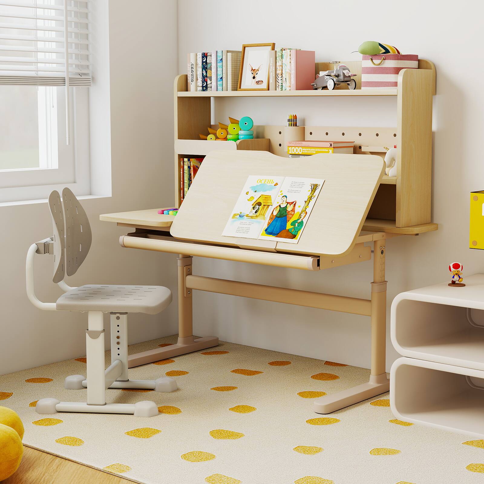 Alt View 3. Gymax - Gymax Kids Study Desk w/Tilt Desktop Retractable Book Stand & Pegboard Pen Holder - Yellow.