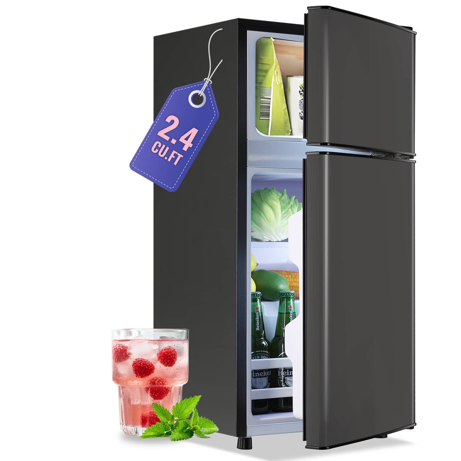 DEMULLER - 2.4 Cu.Ft Compact Mini Fridge with Freezer, Dorm Kitchen Refrigerator with 7 Temperature Settings - Gray