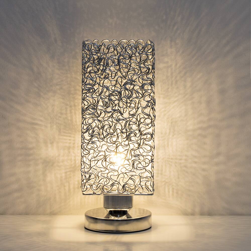 Back. Oumilen - Silver Square Table Lamp with Aluminum Wire Shade, E26 Socket & UL Plug.