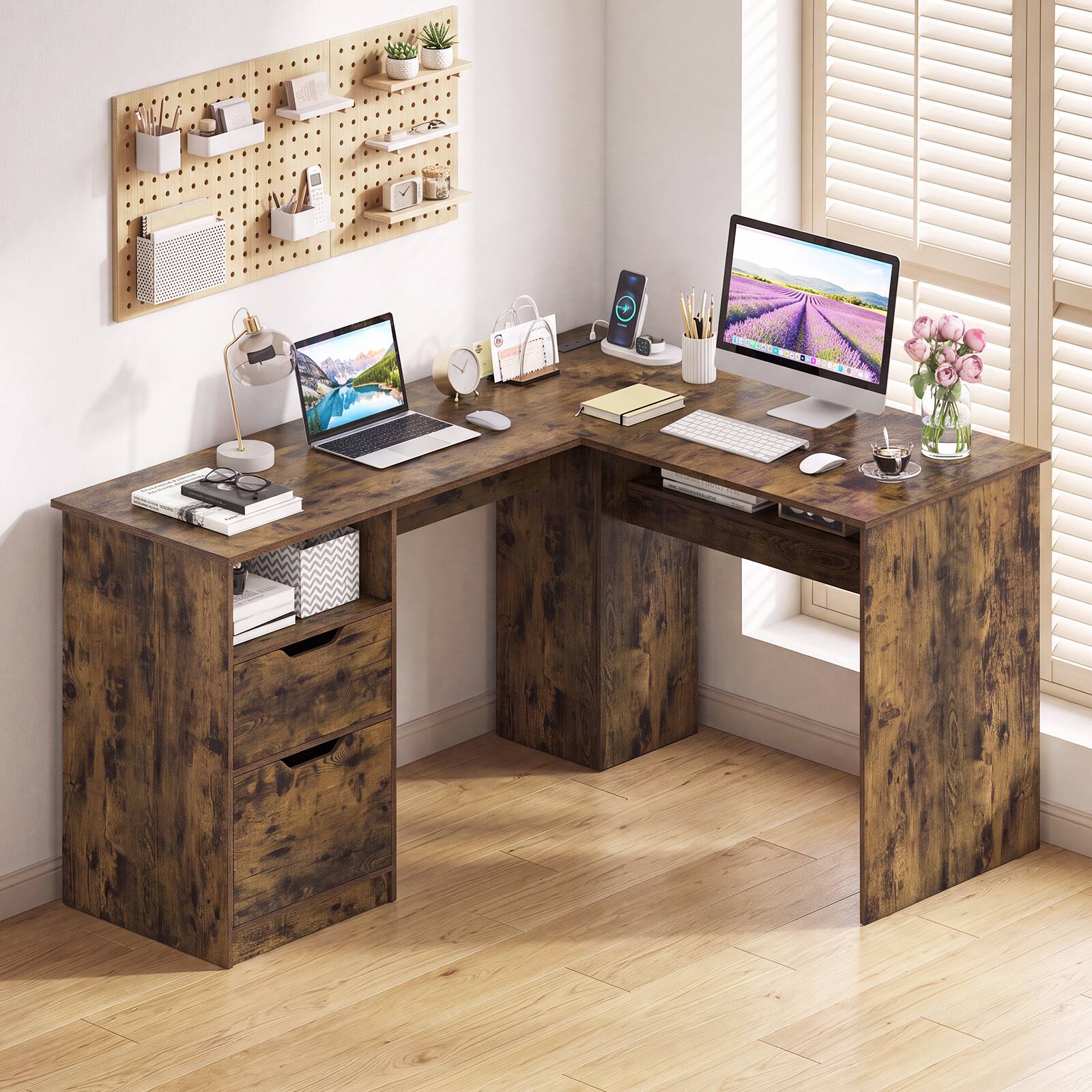 Alt View 4. Costway - Costway 59" L-Shaped Executive Desk with Power Outlets, Drawers & Bookshelf for Working - Rustic Brown.