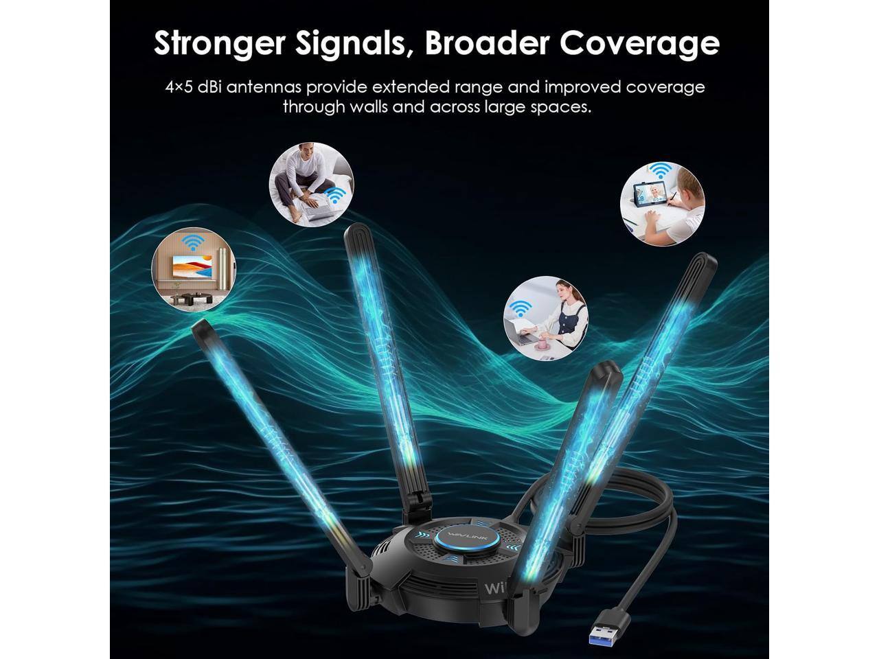 Stronger Signals, Broader Coverage  
4x 5 dBi antennas provide extended range and improved coverage through walls and across large spaces.
