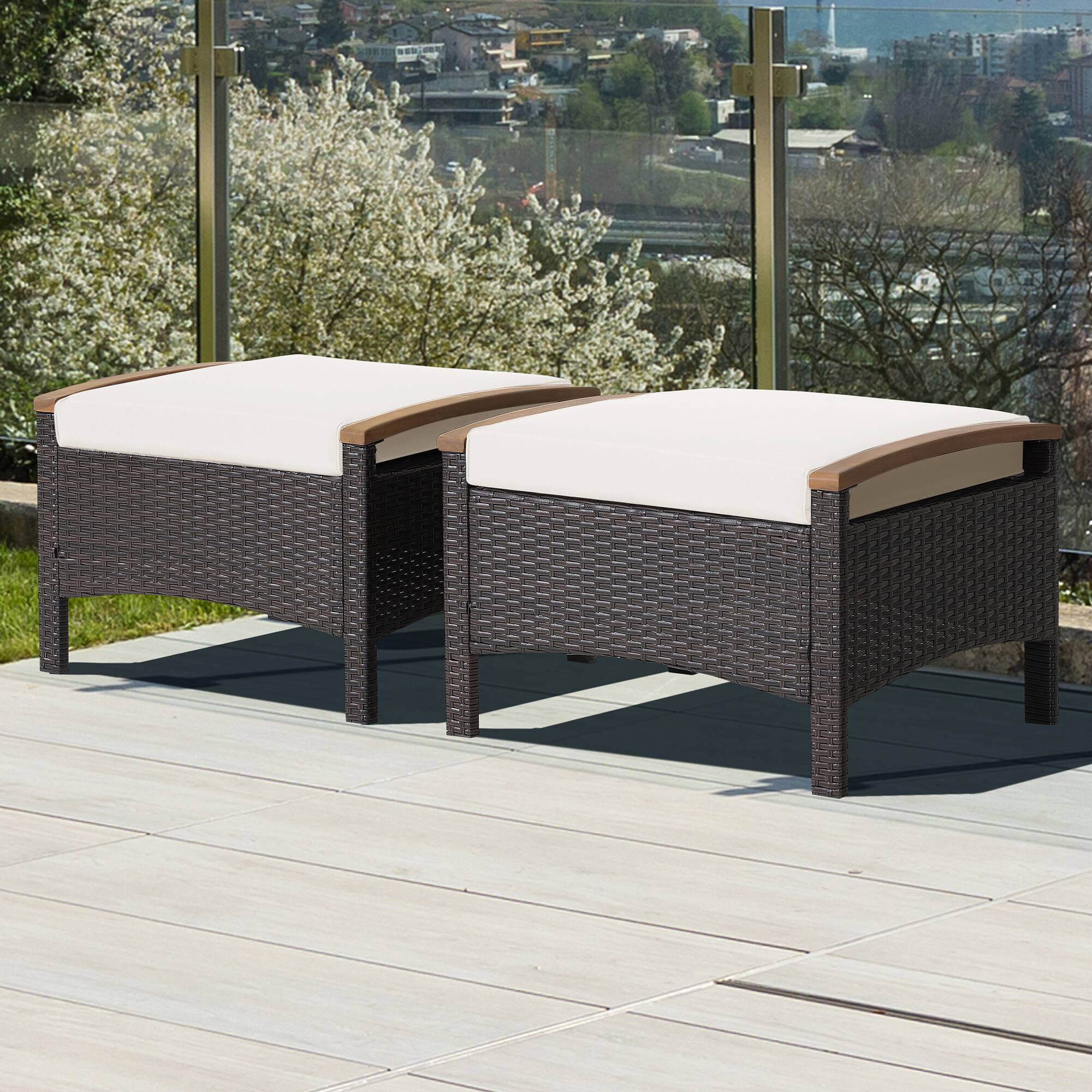 Alt View 6. Costway - Costway Set of 2 Patio Rattan Ottoman Footrest Cushions Wooden Handle - Mix Brown,Off White.