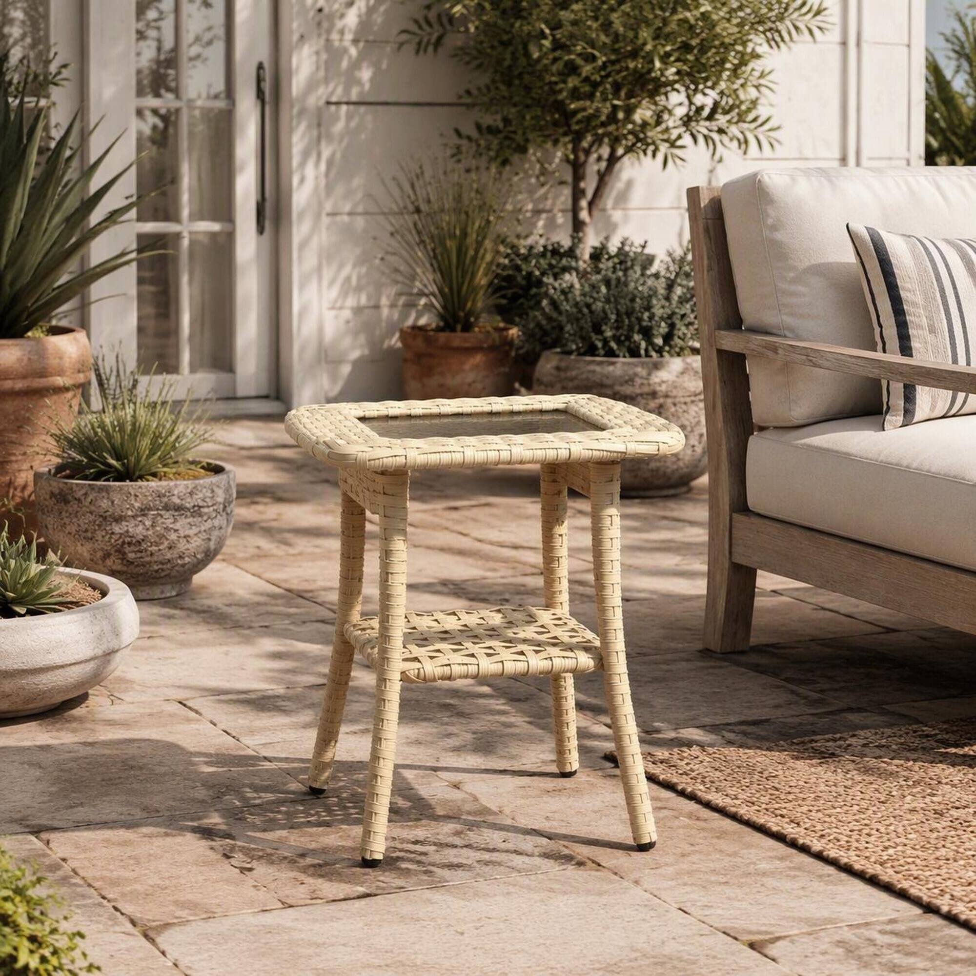 Left. RYHNUYNE - Outdoor 2-Tier Wicker Patio Side Table with Tempered Glass Top Storage Shelf,End Table for Balcony Garden Porch - Yellow.