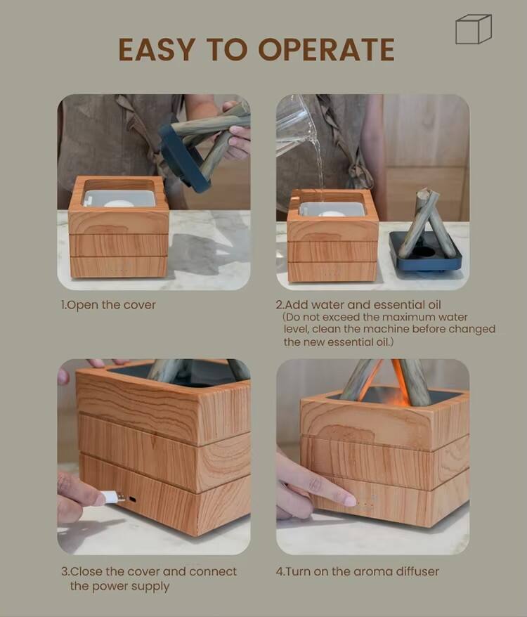 EASY TO OPERATE

1. Open the cover

2. Add water and essential oil  
   (Do not exceed the maximum water level, clean the machine before changing the new essential oil.)

3. Close the cover and connect the power supply

4. Turn on the aroma diffuser