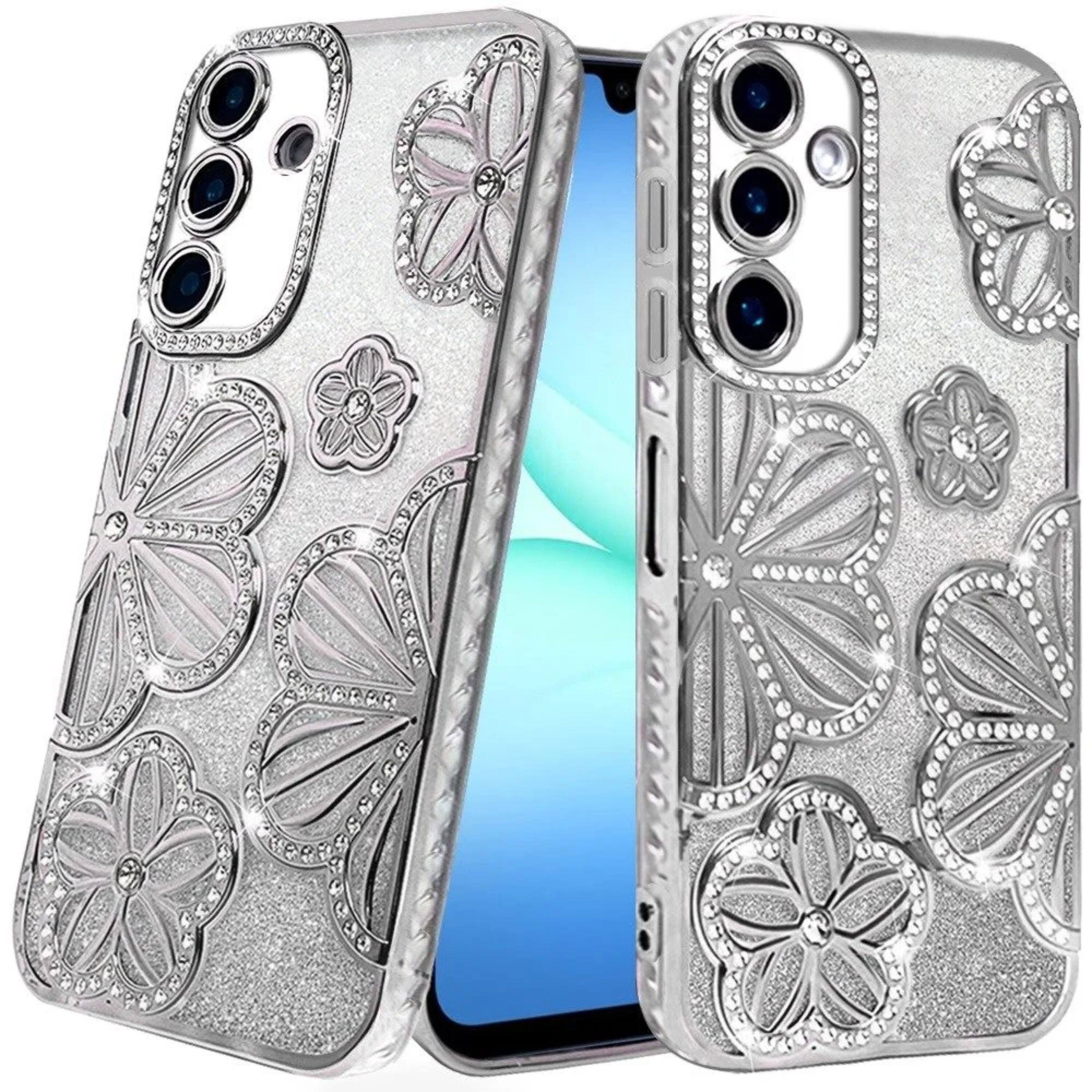 Kitcheniva - Bling Floral 3D Glitter Phone Cover Plus Tempered Glass For Samsung A17 5G - Silver price history on PriceWatchPro