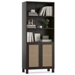 GOODSILO - Five-Tier Tall Bookcase with Decorative Rattan Doors for Living Room Bedroom or Home Office Storage - Walnut