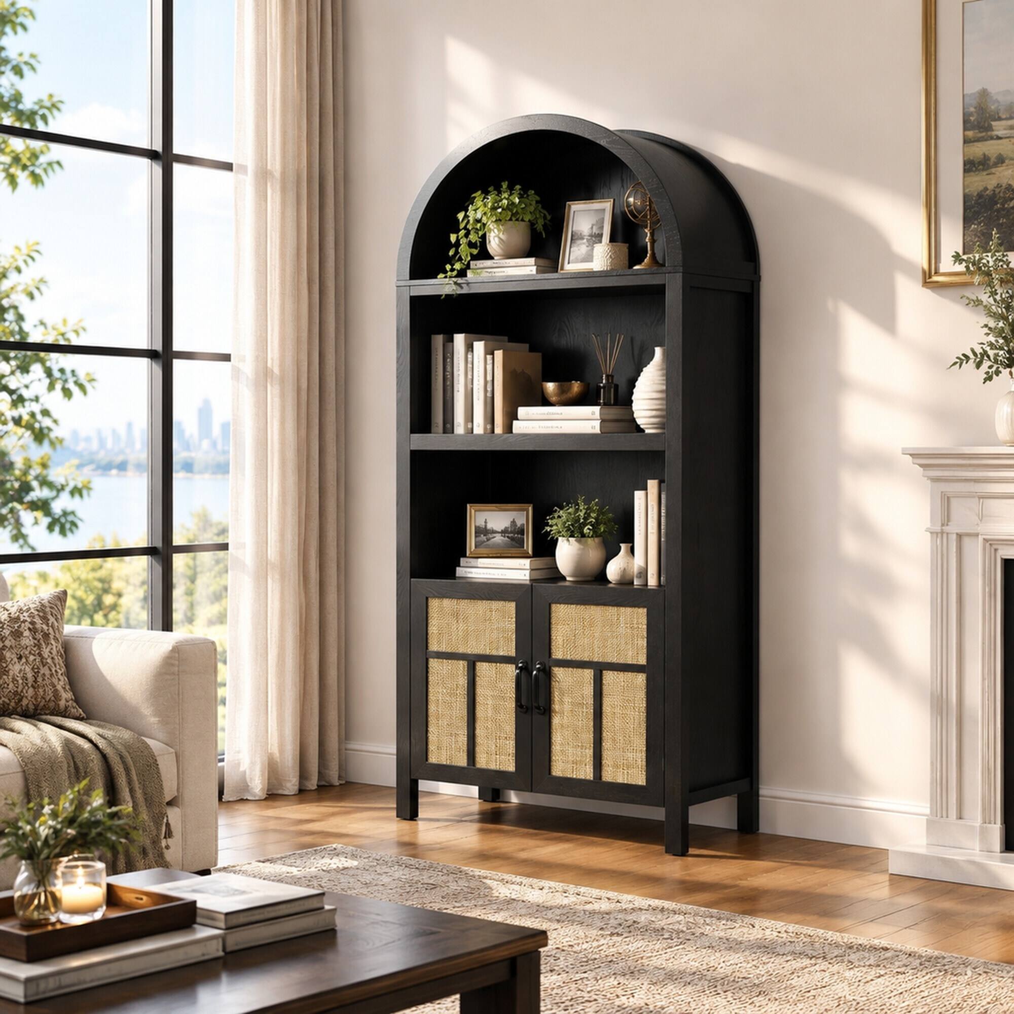 RYHNUYNE Freestanding 70 Inch Arched Storage Cabinet with Rattan Doors ...