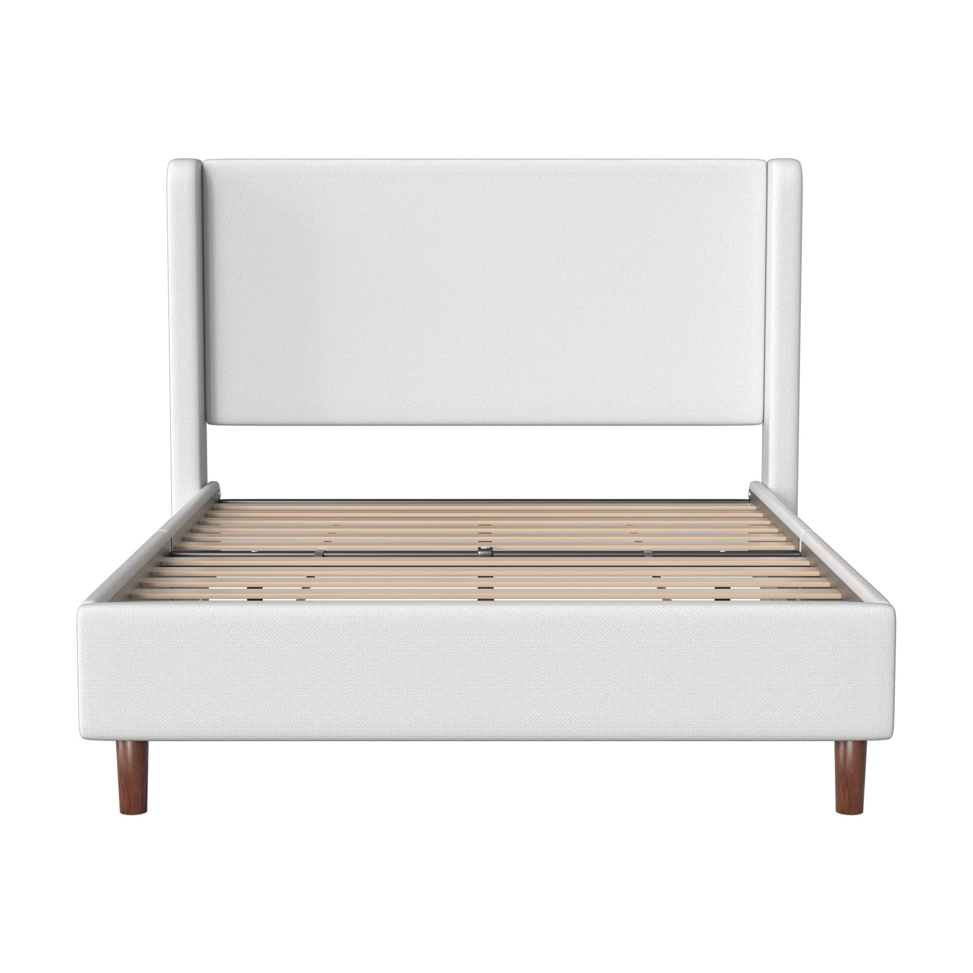Angle. Brick Attic - 1000lbs Upholstered Wingback Platform Bed Frame with Detachable Legs- Solid Wood, Cat-Scratch Resistant Fabric - White.