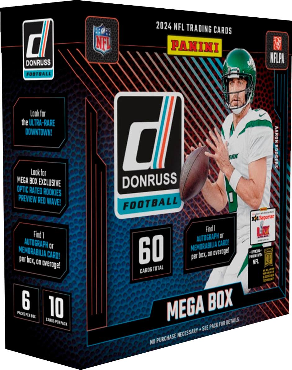 Donruss Football Mega Box:

* Look for the Ultra-Rare Downtown!
* Look for Mega Box Exclusive Optic Rated Rookies Preview Red Wave!
* Find 1 Auto Autograph or Memorabilia Card! per box, on average.
* 6-10 Packs per Box.
* 2024 NFL Trading Cards.
* NFL Panini.
* Includes Aaron Rodgers.
* No Purchase Necessary.