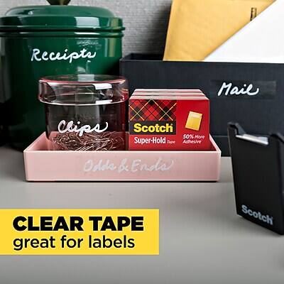 Receipts  
Chips  
Mail & Ends  

Scotch  
Super-Hold Tape  
50% More Adhesive  

CLEAR TAPE  
great for labels