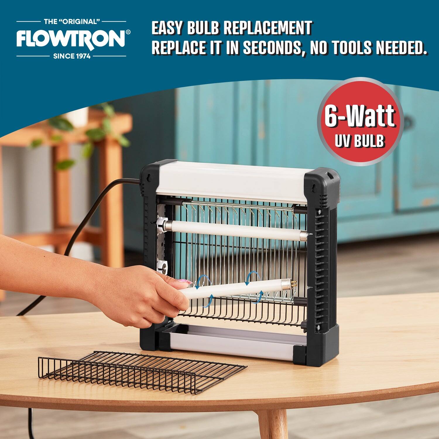 THE "ORIGINAL" FLOWTRON  
SINCE 1974  

EASY BULB REPLACEMENT  
REPLACE IT IN SECONDS, NO TOOLS NEEDED.  

6-Watt UV BULB