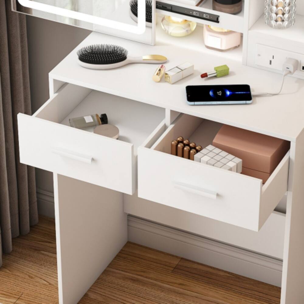 Alt View 4. LUCKY ONE - 31.5in Freestanding Vanity Desk with Mirror LED Lights Power Outlet Hidden Storage Stool Shelf - White.