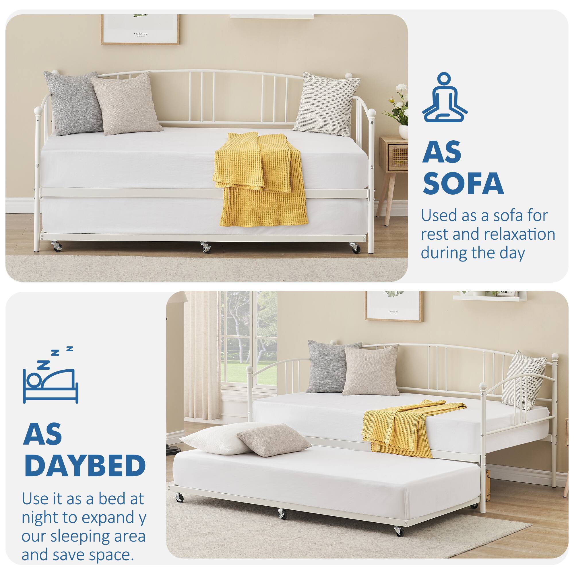 AS SOFA  
Used as a sofa for rest and relaxation during the day  

AS DAYBED  
Use it as a bed at night to expand your sleeping area and save space.