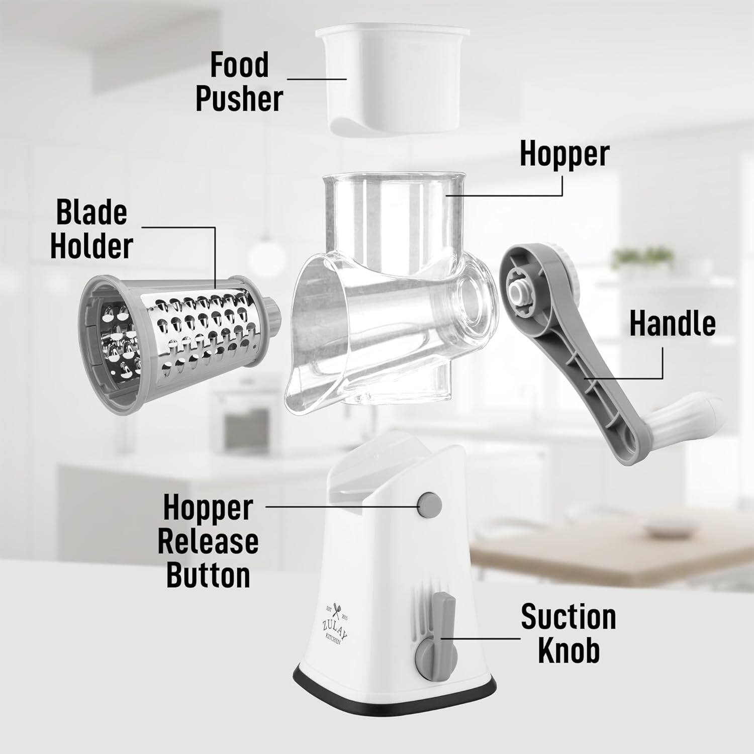 Blade Holder  
Food Pusher  
Hopper  
Handle  
Hopper Release Button  
Suction Knob