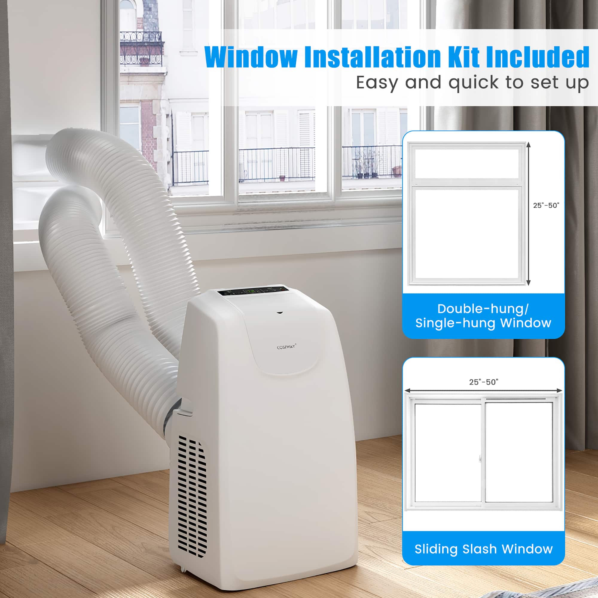 The image features a white heater or air conditioner unit, with a window installation kit included. The kit is easy and quick to set up, and it is suitable for both double-hung and single-hung windows, as well as sliding windows. The kit is designed to fit windows with a size of 25-50 inches.