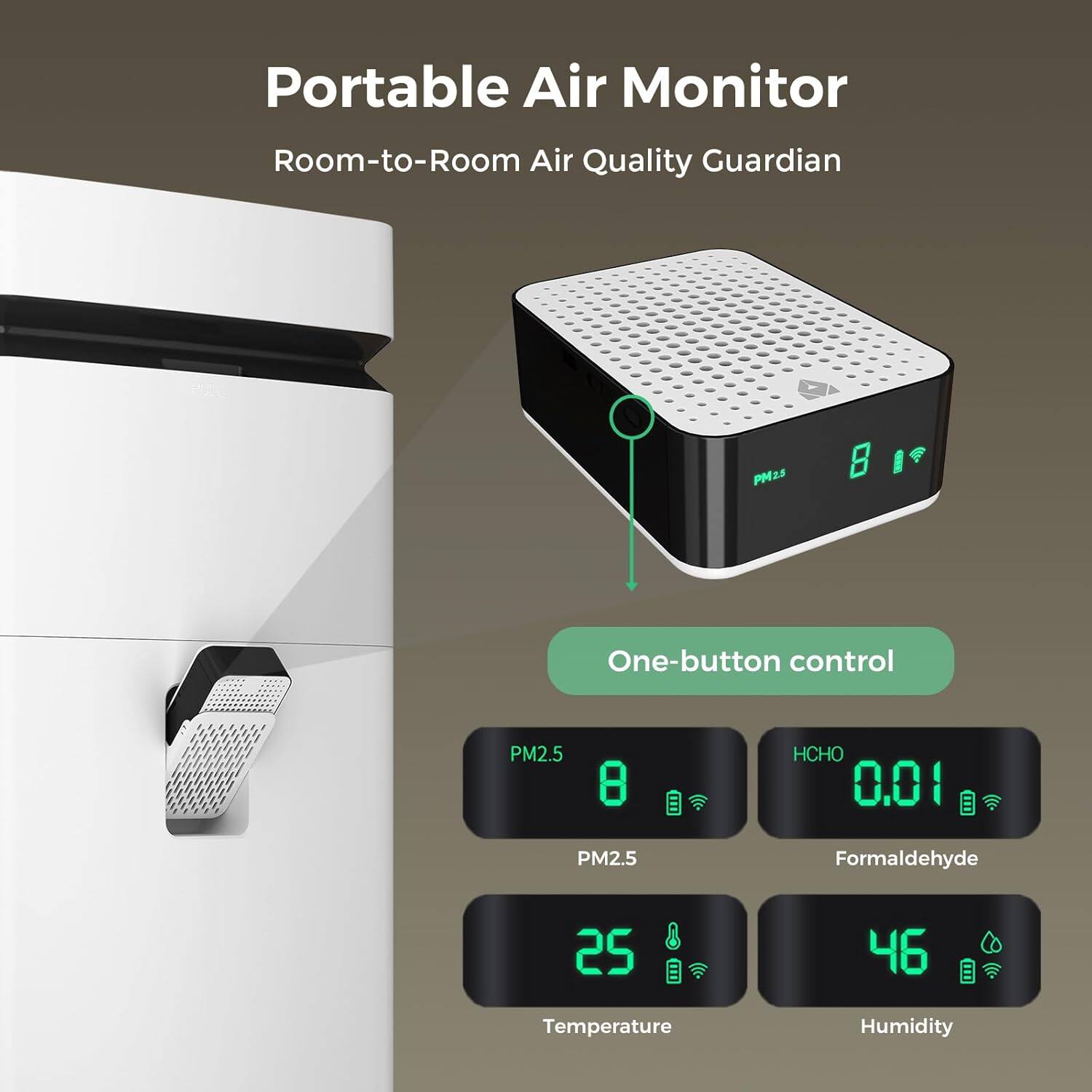 Portable Air Monitor  
Room-to-Room Air Quality Guardian  
PM2.5  
One-button control  
PM2.5: 8  
HCHO: 0.01  
PM2.5: 8  
Formaldehyde: 0.01  
Temperature: 25  
Humidity: 46