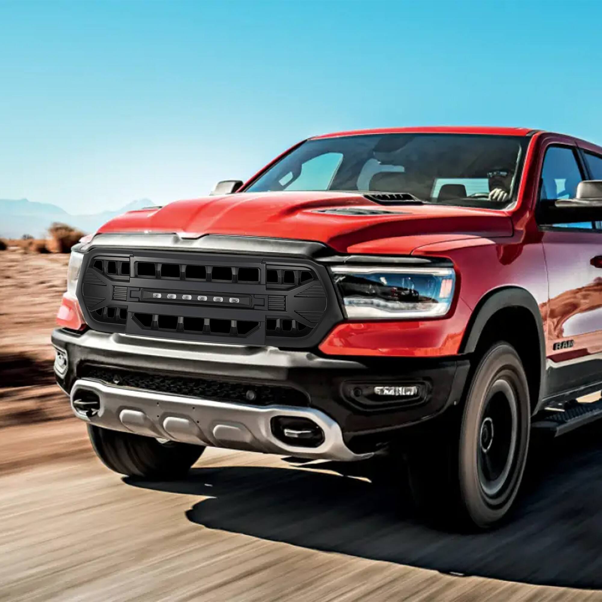 Alt View 5. AMERICAN MODIFIED - AMERICAN MODIFIED Armor Grille w/Off Road Lights for 2019 to 2024 Dodge Ram 1500 - Matte Black.