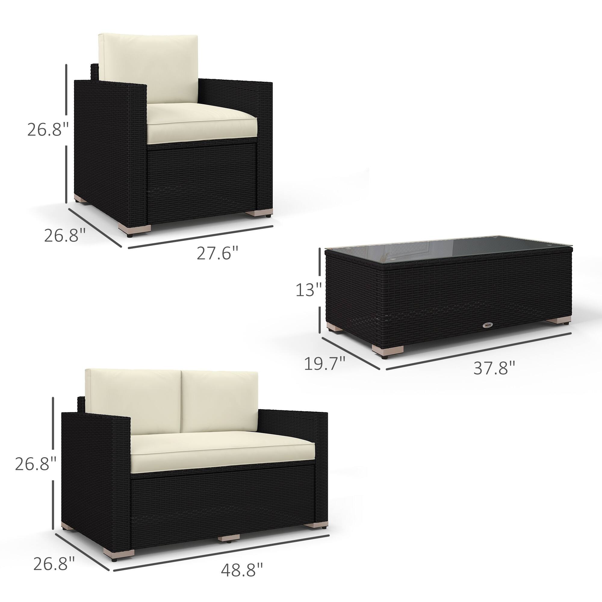 Chair: 26.8", 26.8", 27.6"

Ottoman: 13", 37.8"

Loveseat: 26.8", 26.8", 48.8"
