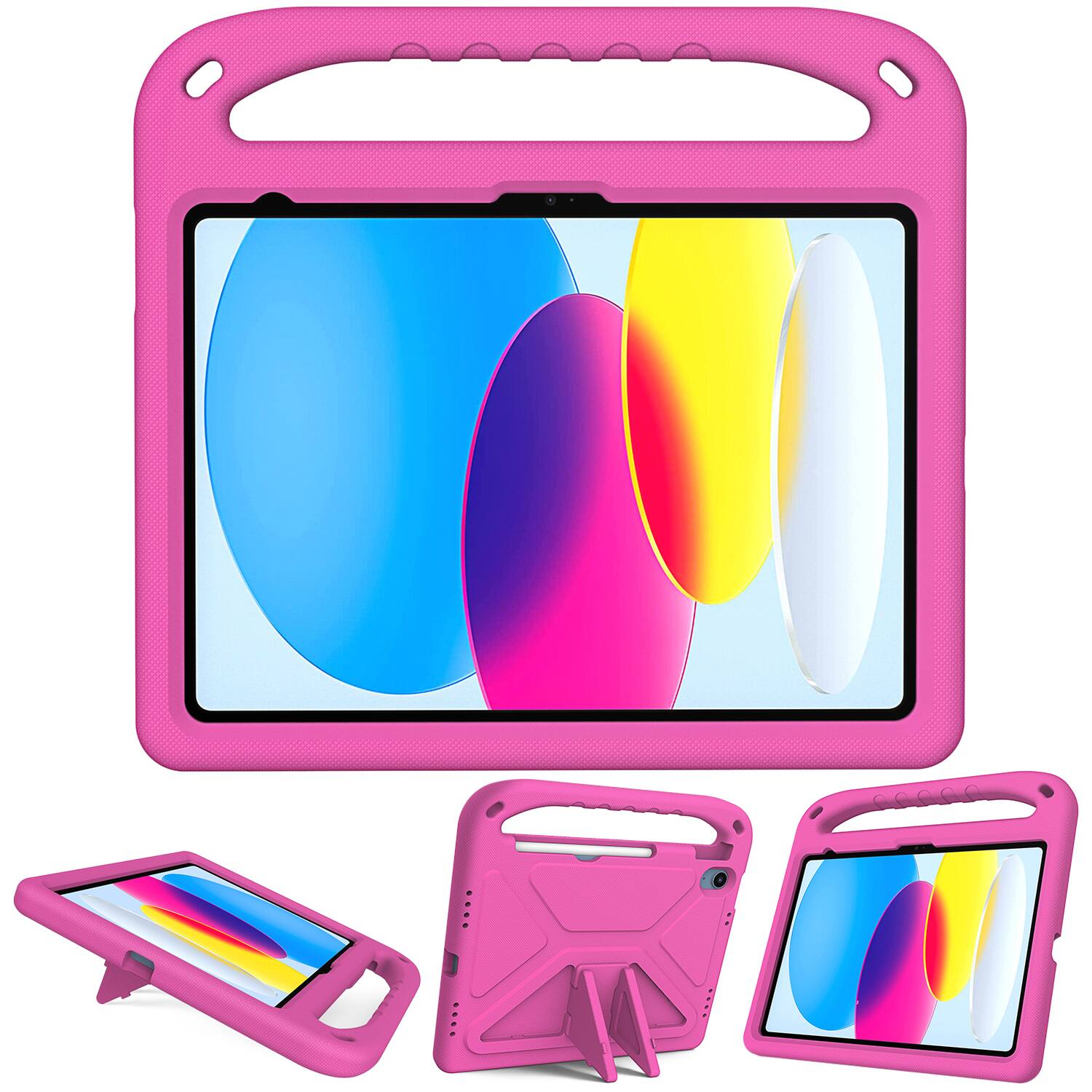 Angle. Dteck - For Apple iPad (A16) 11" 2025/iPad 10th 2022 Rugged Case Kids Friendly EVA Handle Grip Pencil Holder Kickstand Cover - Rose.