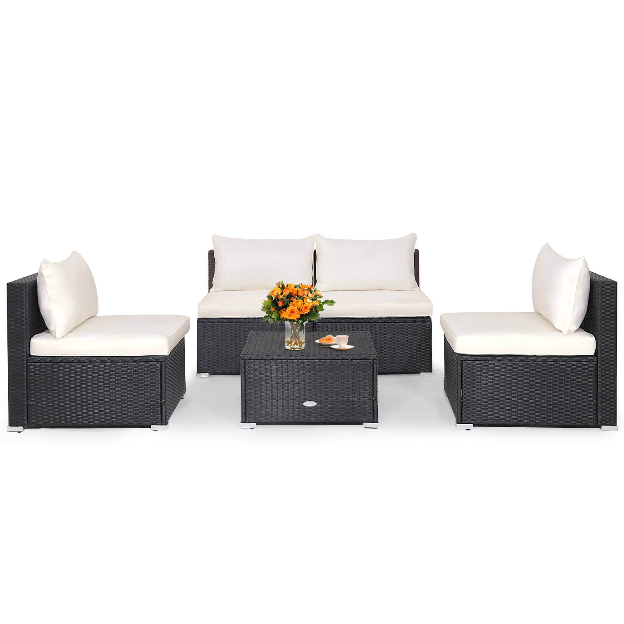 Alt View 1. Gymax - Gymax 5PCS Patio Outdoor Rattan Sofa Conversation Set w/ Seat & Back Cushions Off White - Off White.