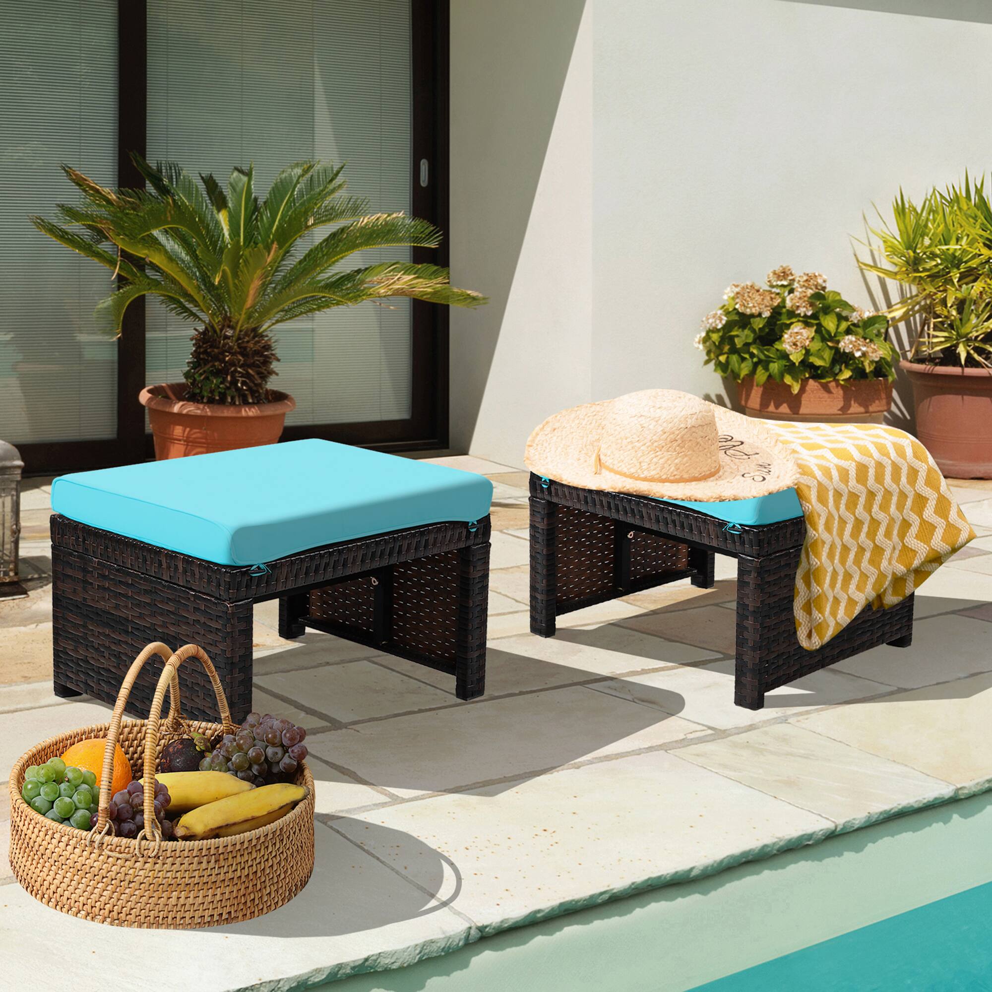 Alt View 1. Gymax - Gymax Set of 2 Rattan Ottoman Footrest Footstool Patio Furniture w/ Turquoise Cushion - Turquoise.