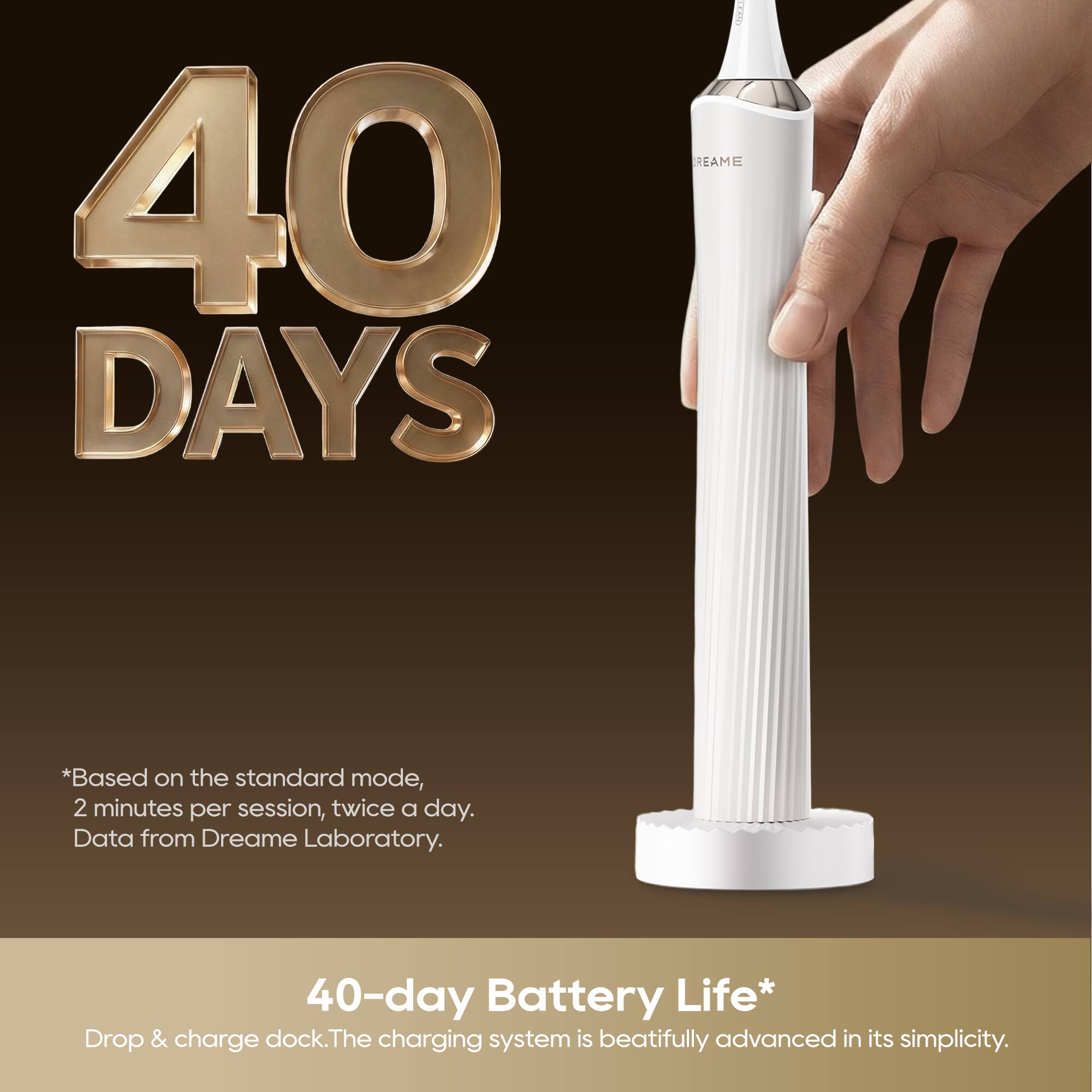 40 DAYS

*Based on the standard mode, 2 minutes per session, twice a day. Data from Dreame Laboratory.

40-day Battery Life*

Drop & charge dock. The charging system is beautifully advanced in its simplicity.