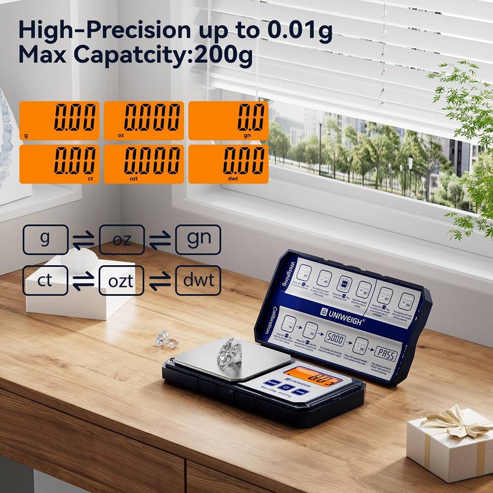 High-Precision up to 0.01g  
Max Capacity: 200g  

0.00 g  
0.0000 oz  
0.00 ct  
0.0000 ozt  
0.00 gn  
0.0000 dwt  

g → oz → gn  
ct → ozt → dwt  

UNIWEIGH S000  
PASS