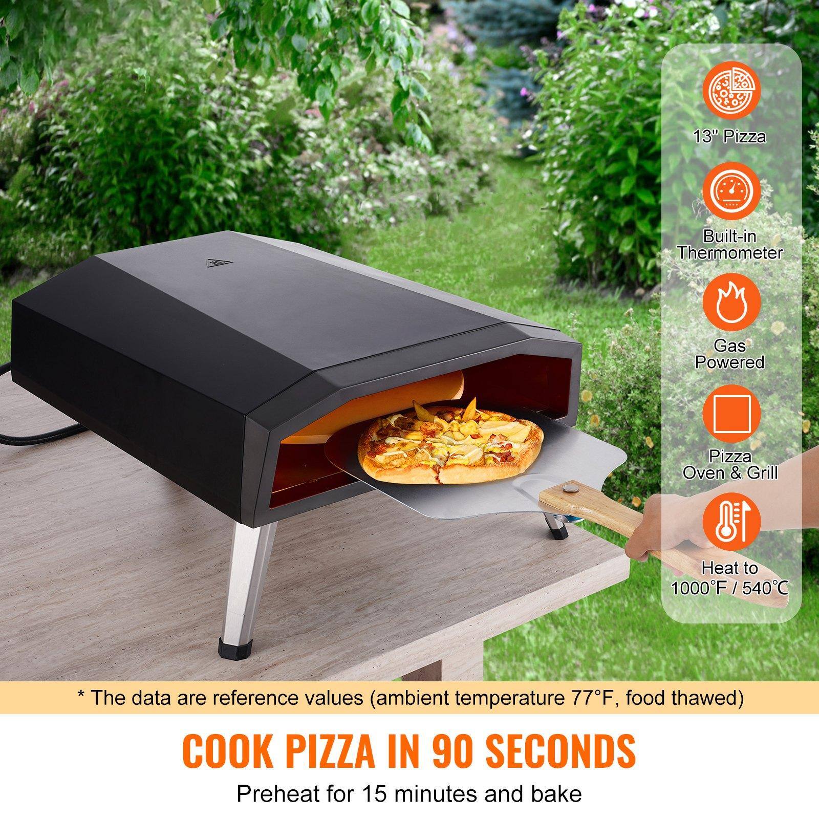 13" Pizza  
Built-in Thermometer  
Gas Powered  
Pizza Oven & Grill  
Heat to 1000°F / 540°C  

*The data are reference values (ambient temperature 77°F, food thawed)  

COOK PIZZA IN 90 SECONDS  
Preheat for 15 minutes and bake
