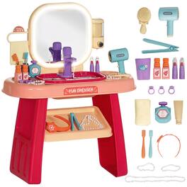 Qaba - Kids Vanity Set, Toddler Makeup Table w/Faucet, Mirror, LED Light, Music, 23 Accessories, for Girls 3-6