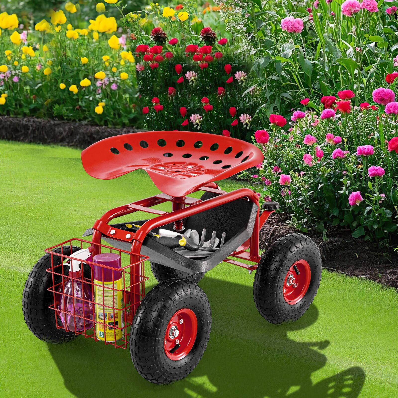 Alt View 5. SKONYON - Metal Garden Cart with Deep Storage Basket Large Wheels and Easy Maneuvering Design - Red.
