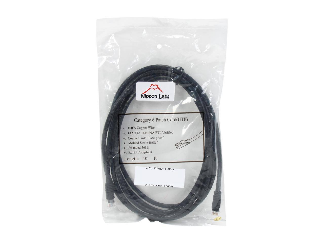Nippon Labs Category 6 Patch Cord (UTP)  
100% Copper Wire  
EIA/TIA TSB-40A ETL Verified  
Contact Gold Plating 50u"  
Molded Strain Relief  
Stranded 568B  
RoHS Compliant  
Length: 10 ft  

CATOMD-IUDA  
CATEMO 10DV