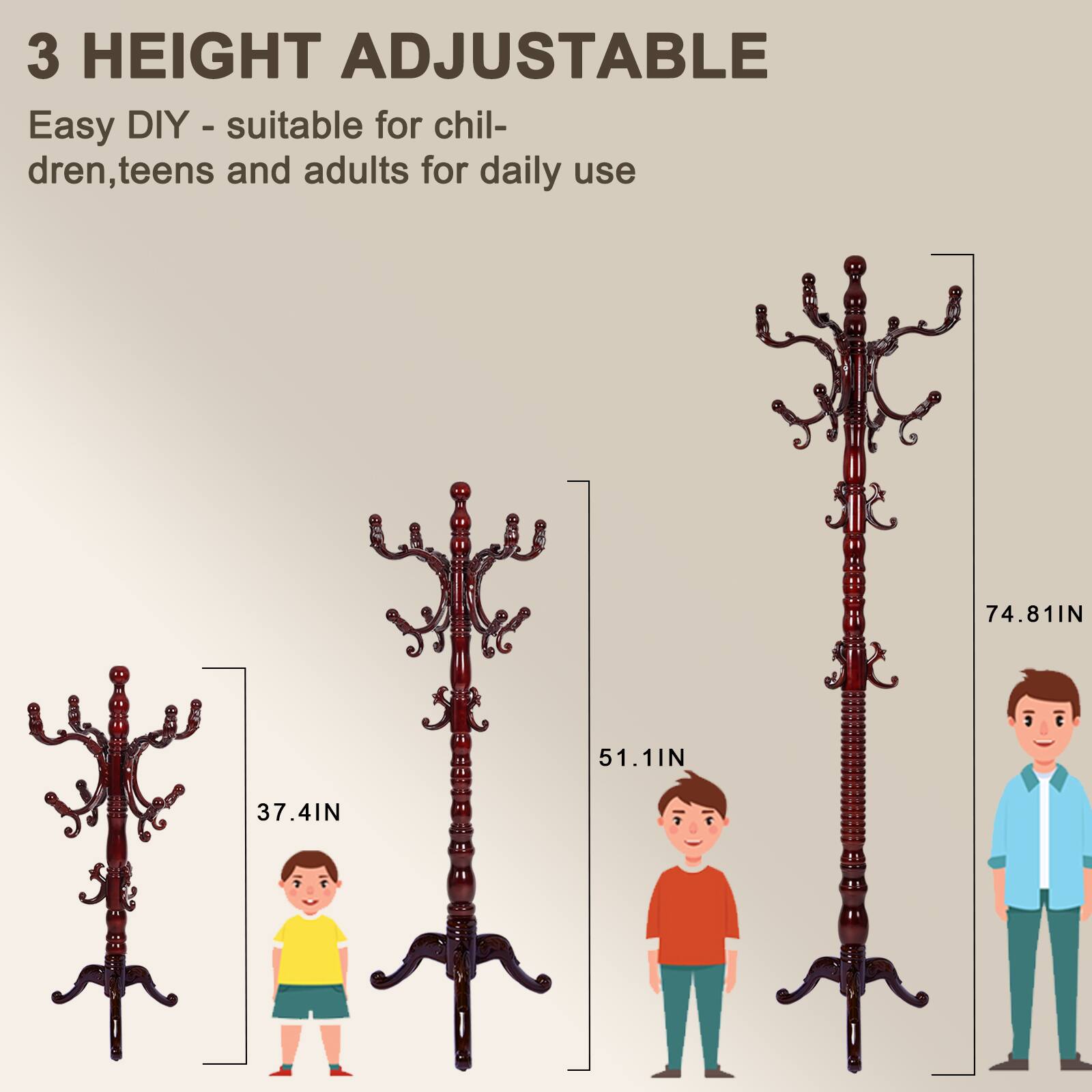 Alt View 5. Chateau Abodes - Solid Wood Coat Rack, Free Standing Hall Coat Tree with 14Hooks, 3 Height Options, 300lbs Load, Stury Base - Rosewood - Tri-legged.
