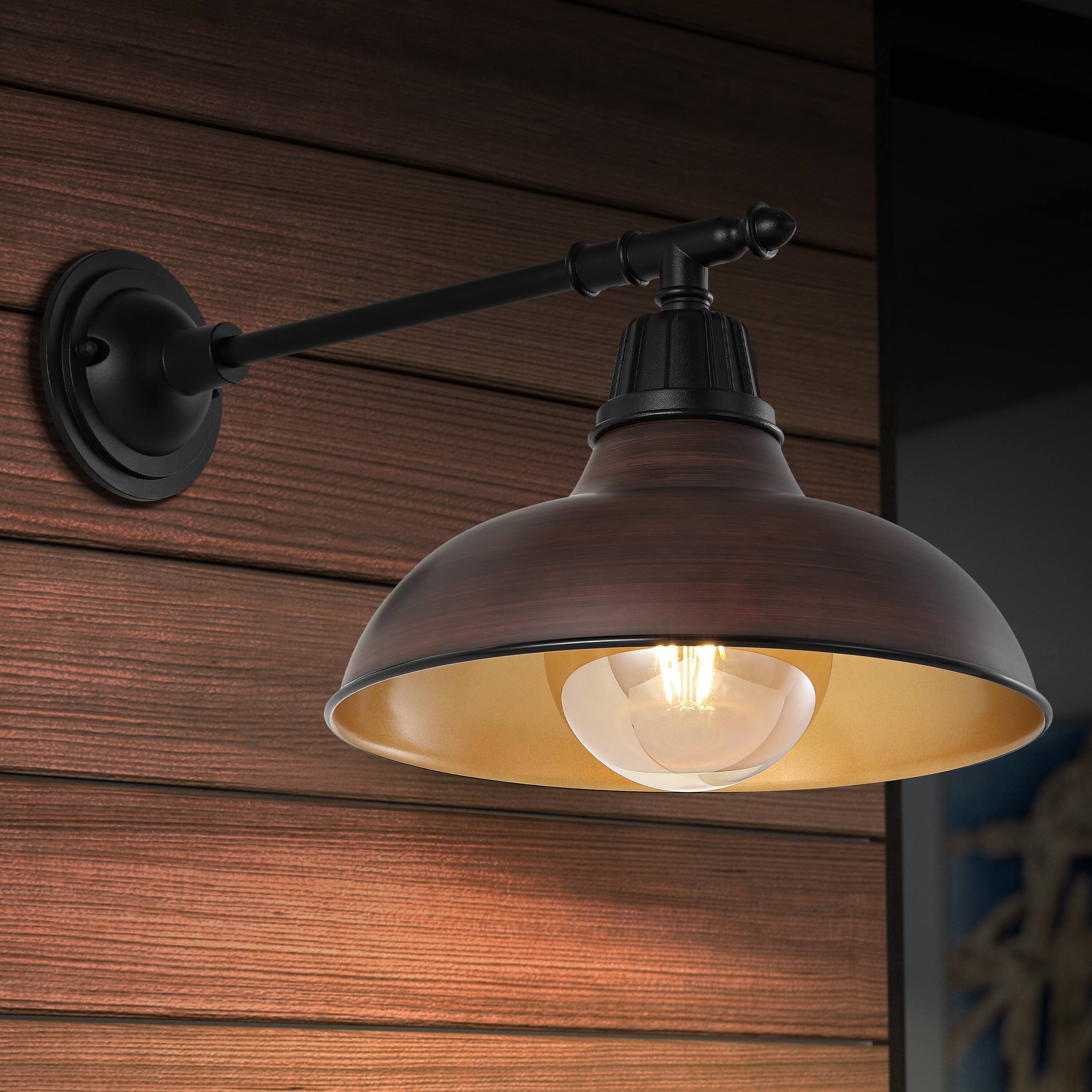 Alt View 7. Jonathan Y - Wallace 12.25" 1-Light Farmhouse Industrial Indoor/Outdoor Iron LED Victorian Arm Outdoor Sconce, Wood Finish/Copper - Wood Finish/Black.