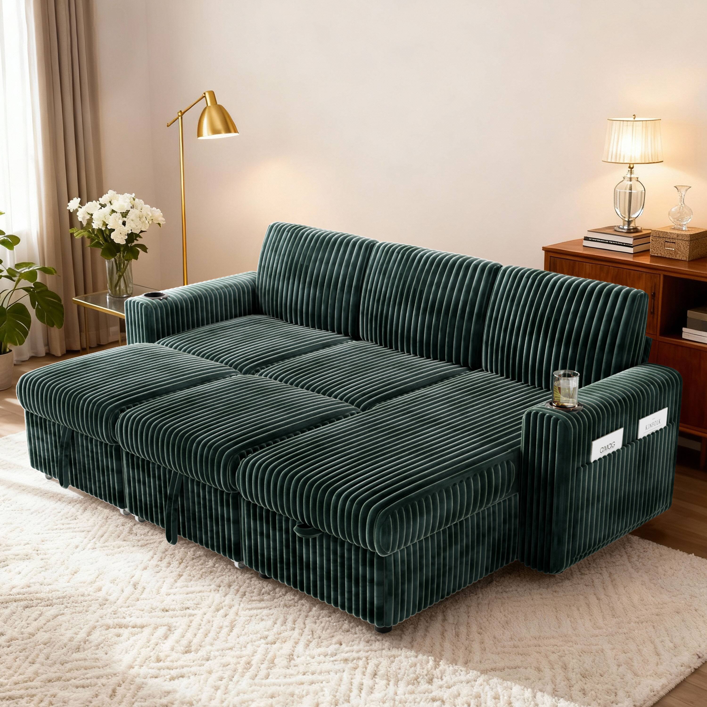Back. Dyonery - Dyonery 101” Sectional Sleeper Sofa Bed with Pull Out Bed, L Shaped Couch Sleeper Sofa with Reclining Backrest - Green.