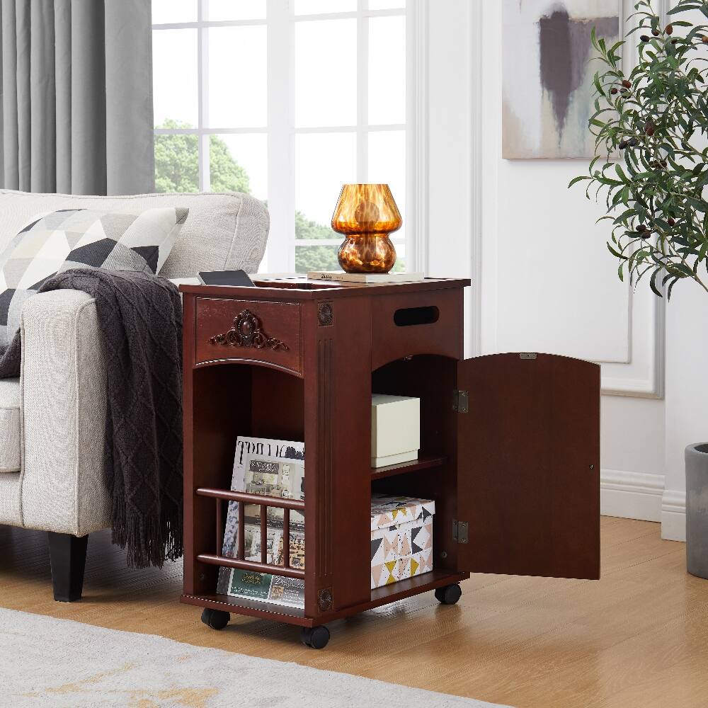 Back. Loheer - Loheer Powered End Table Narrow Side Table with Charging Station Red Walnut Bedside Table with Wheels - Red Walnut.