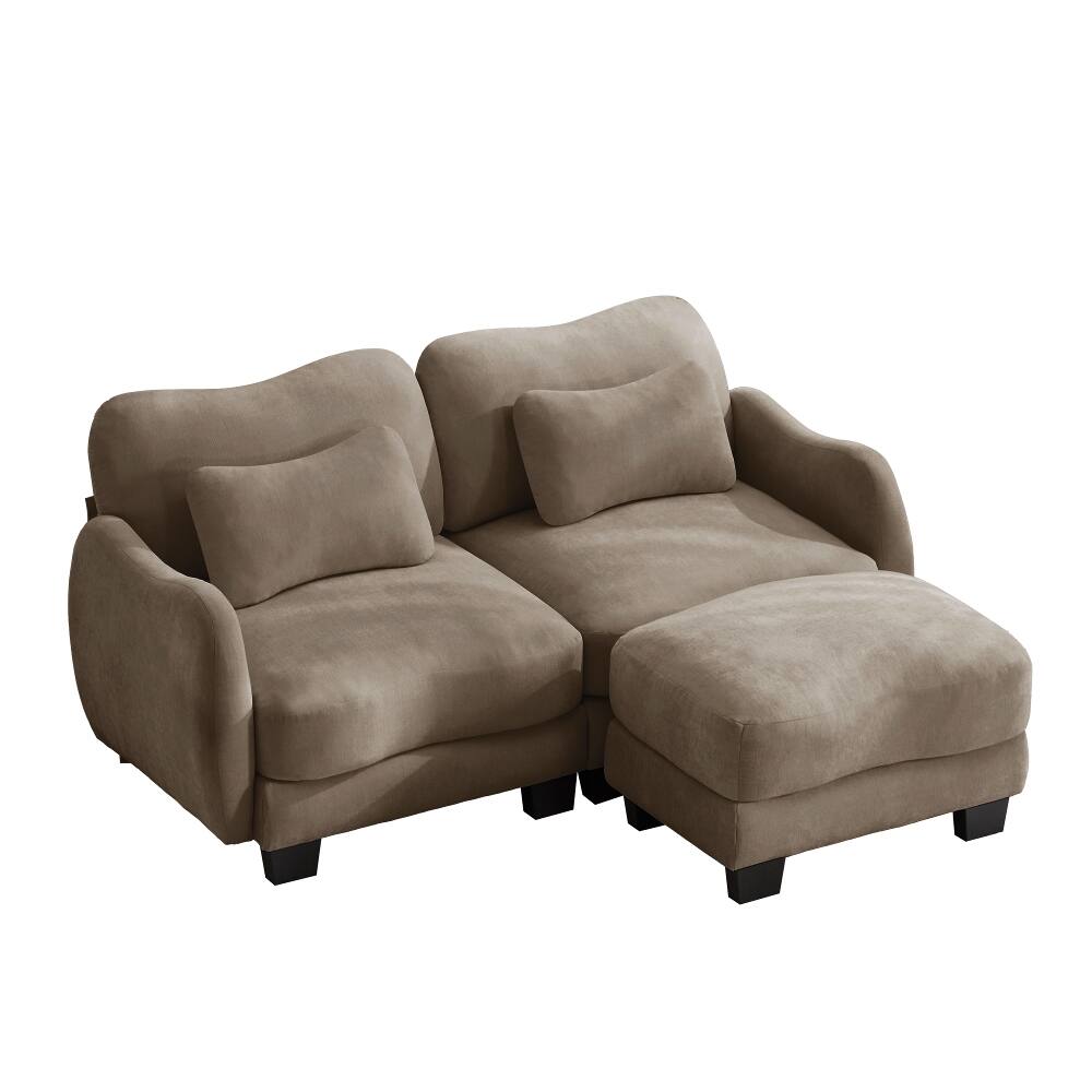 Alt View 1. Loheer - Loheer Chenille L-Shaped Loveseat Sofa with Ottoman, Ergonomic Curve Design & Waist Pillow, Coffee - Coffee.