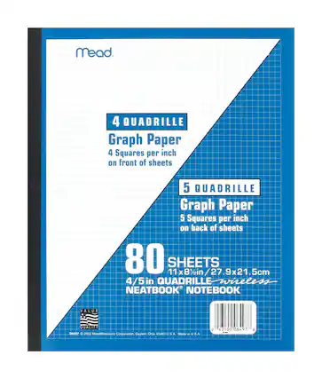 Mead
4 QUADRILLE Graph Paper
4 Squares per inch on front of sheets
5 QUADRILLE Graph Paper
5 Squares per inch on back of sheets
80 SHEETS
11 x 8½ in / 27.9 x 21.5 cm
4/5 in QUADRILLE wireless NEATBOOK NOTEBOOK
VALUE QUALITY
06497
© 2003 MeadWestvaco Corporation, Dayton, Ohio 45463 U.S.A. Made in U.S.A.
43100 06497 8
