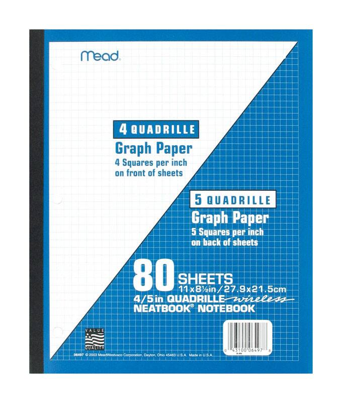 Mead  
4 QUADRILLE Graph Paper  
4 Squares per inch on front of sheets  
5 QUADRILLE Graph Paper  
5 Squares per inch on back of sheets  
80 SHEETS  
11 x 8½ in / 27.9 x 21.5 cm  
4/5 in QUADRILLE wireless NEATBOOK NOTEBOOK  
VALUE QUALITY  
06497  
© 2003 MeadWestvaco Corporation, Dayton, Ohio 45463 U.S.A. Made in U.S.A.  
43100 06497 8