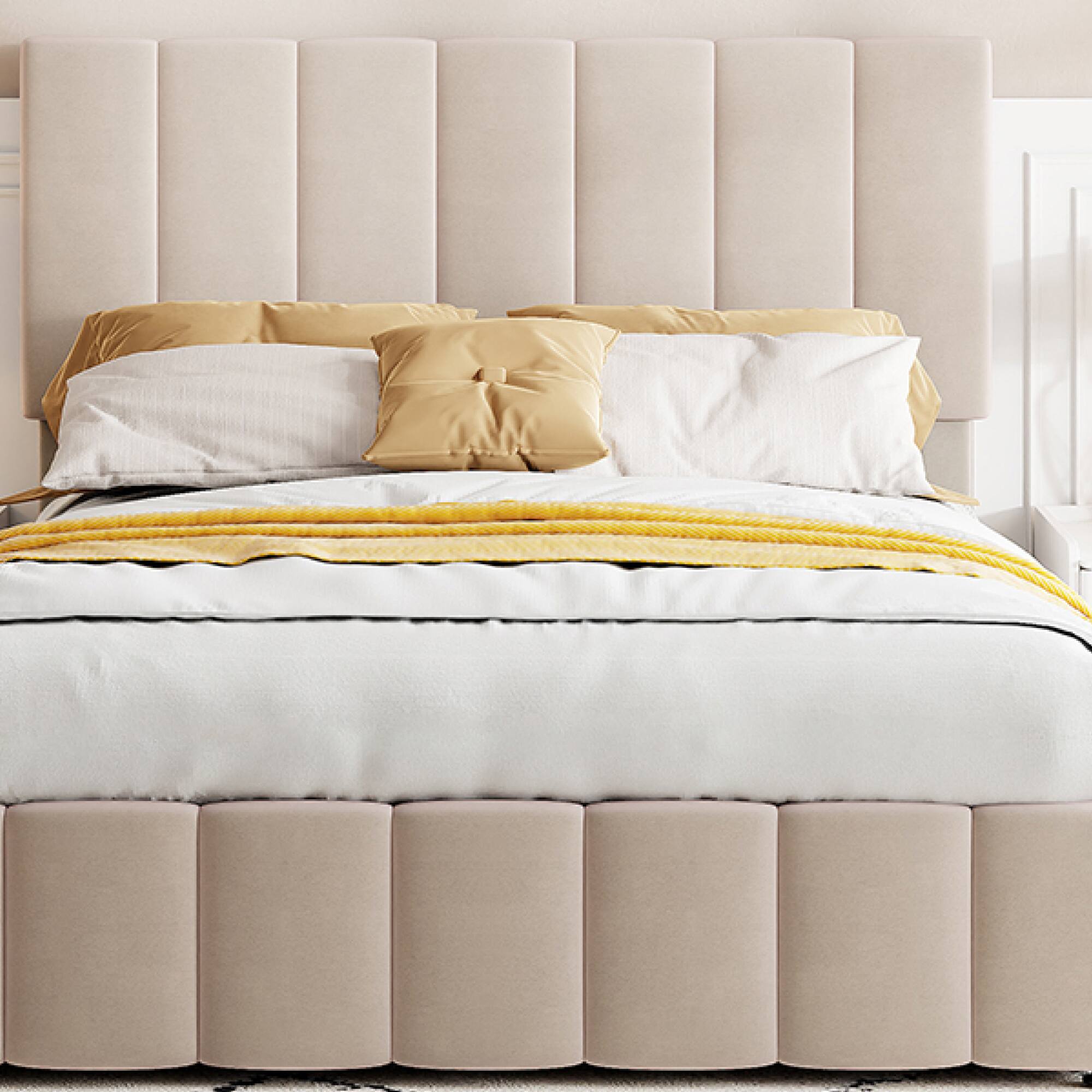 Alt View 10. GOODSILO - Full Size Upholstered Platform Bed with Hydraulic Storage System and Wooden Slat Support - Beige.