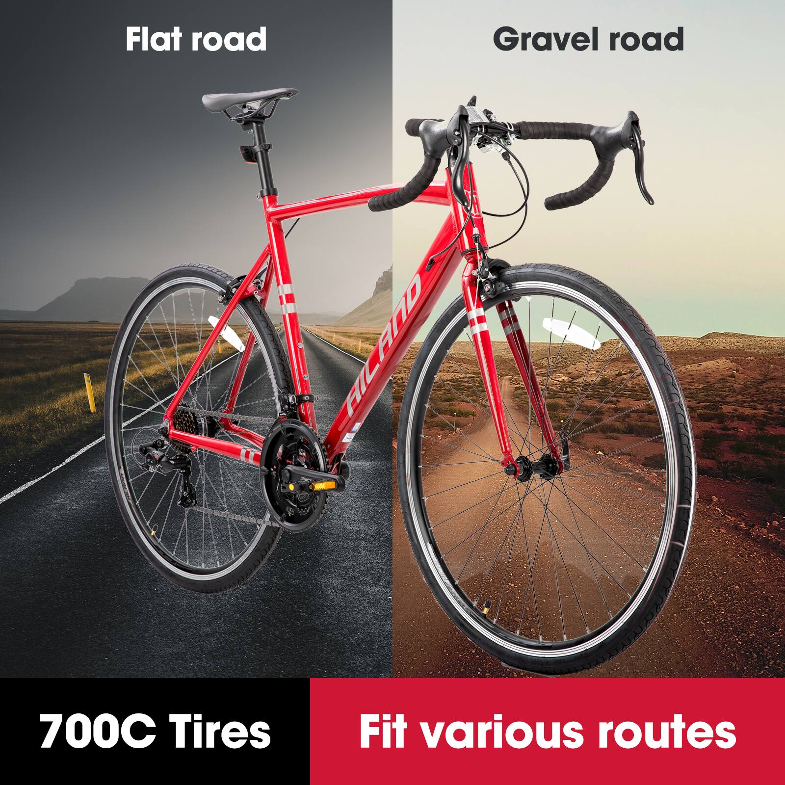Flat road  
Gravel road  
700C Tires  
Fit various routes
