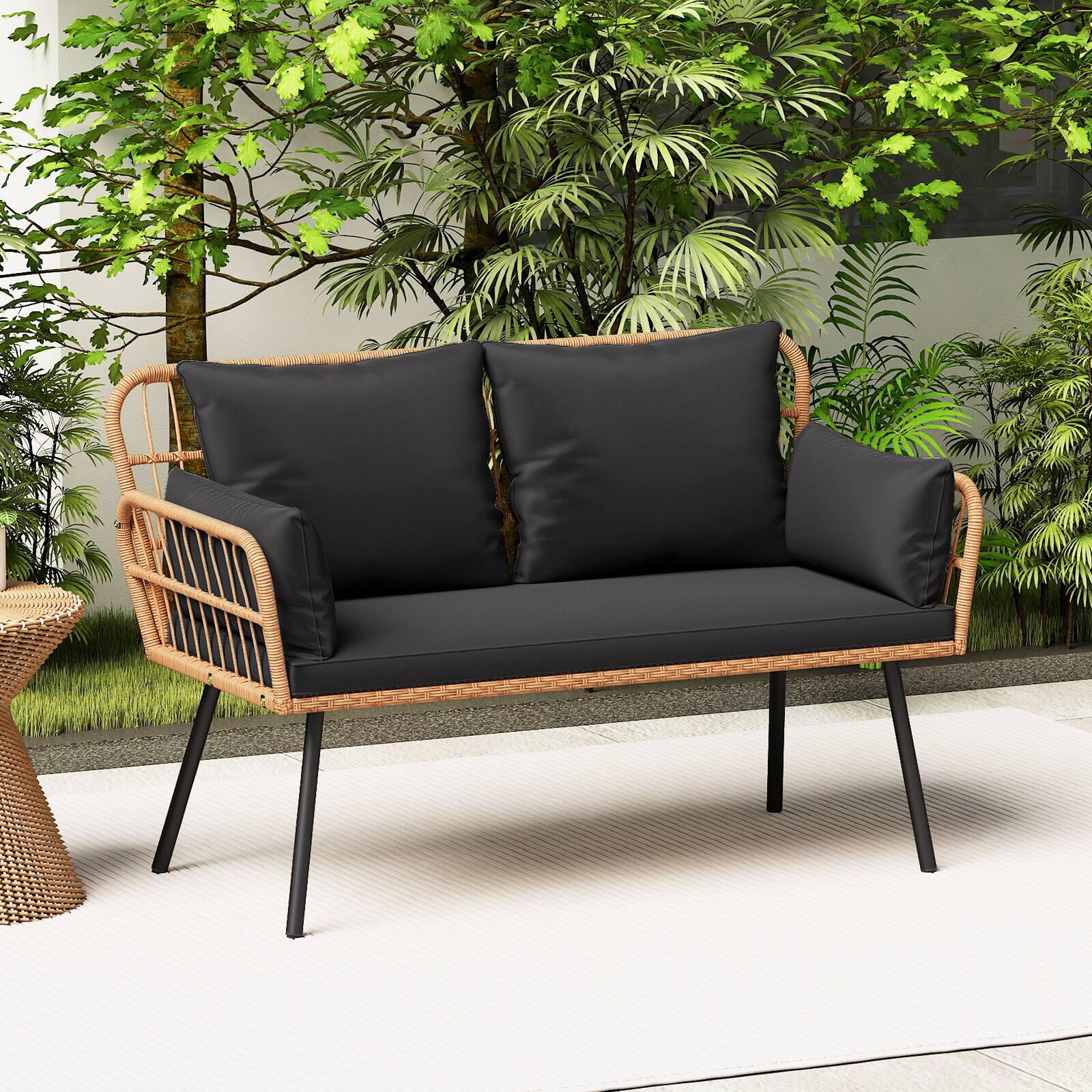 Alt View 1. Gymax - Gymax Patio Wicker Loveseat Furniture w/Seat Back Cushions Heavy-Duty Metal Legs Outdoor Black - Black.