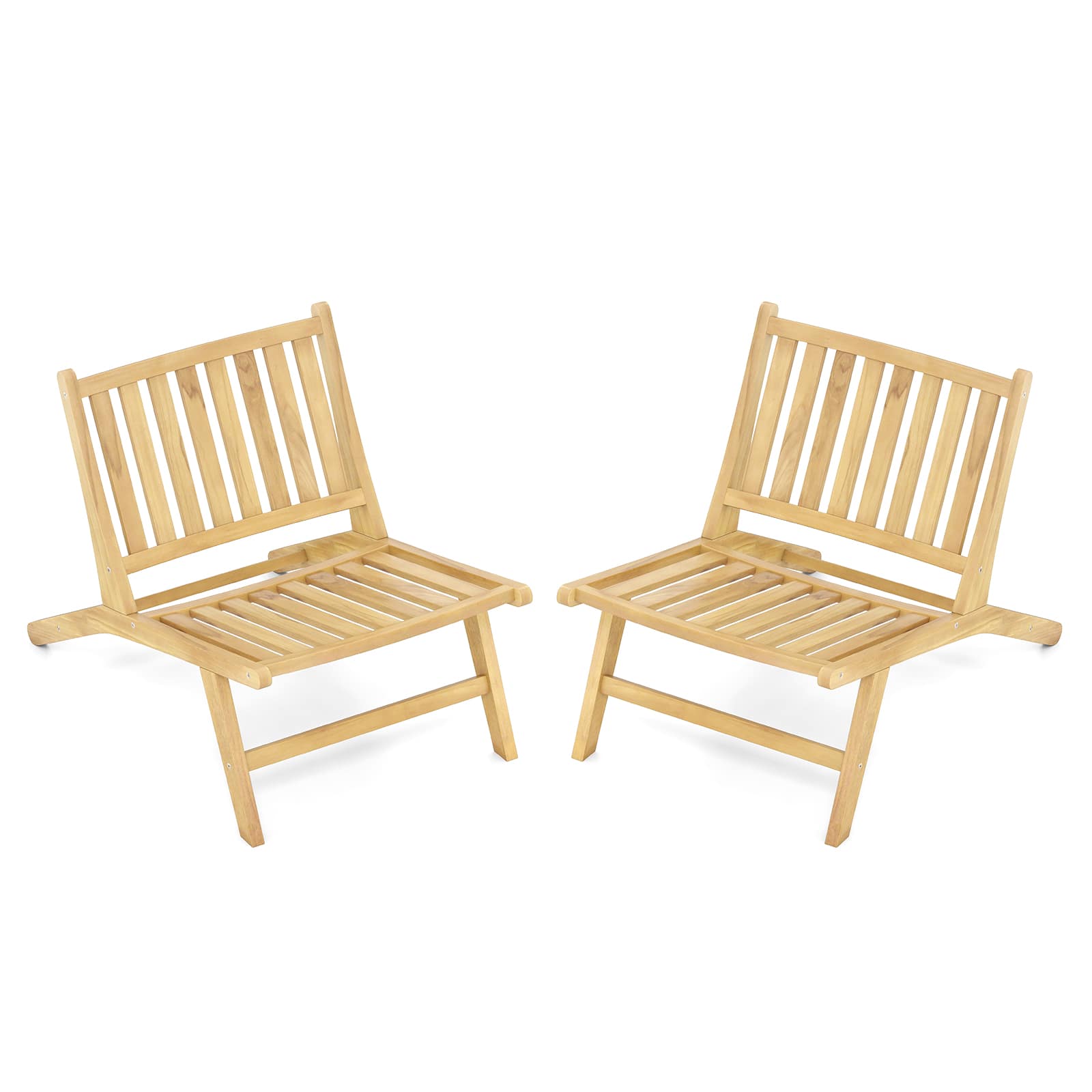 Gymax - 2PCS Teak Wood Outdoor Reclining Chair Mid Century Accent Chair w/ Backrest - Natural