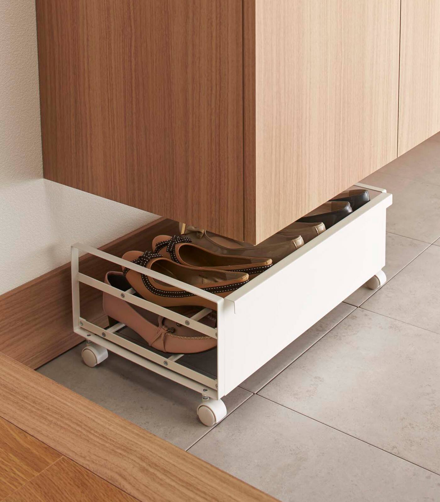 Left. Yamazaki Home - Rolling Shoe Rack (9" H)  - Steel - White.