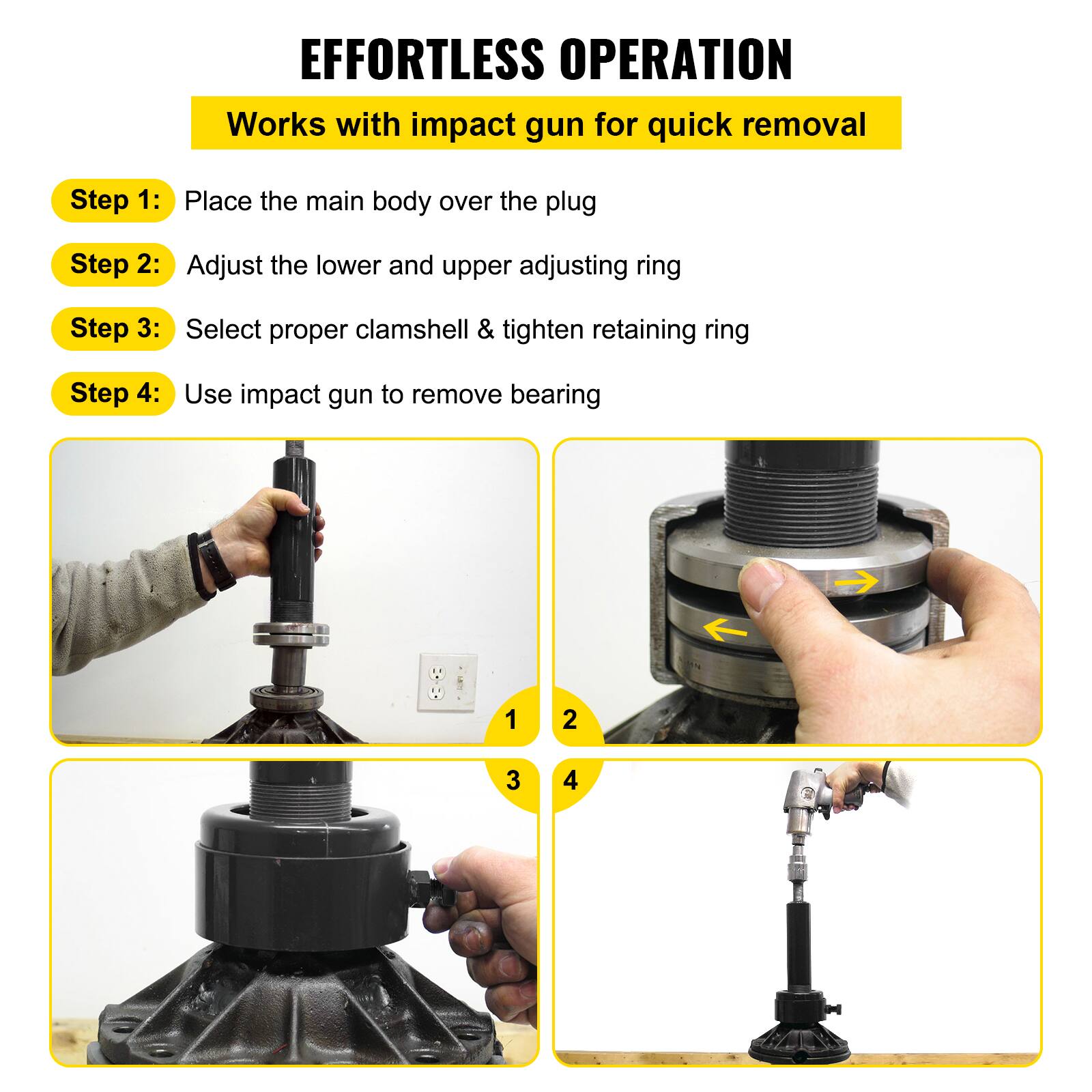 EFFORTLESS OPERATION  
Works with impact gun for quick removal  

Step 1: Place the main body over the plug  
Step 2: Adjust the lower and upper adjusting ring  
Step 3: Select proper clamshell & tighten retaining ring  
Step 4: Use impact gun to remove bearing