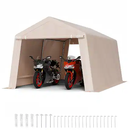 Front. VEVOR - Outdoor Storage Shed, 10 x 15 ft Tent with 2 Roll-up Doors & Vents, Waterproof Canopy Shed Shelter, Heavy Duty Frame - Beige.