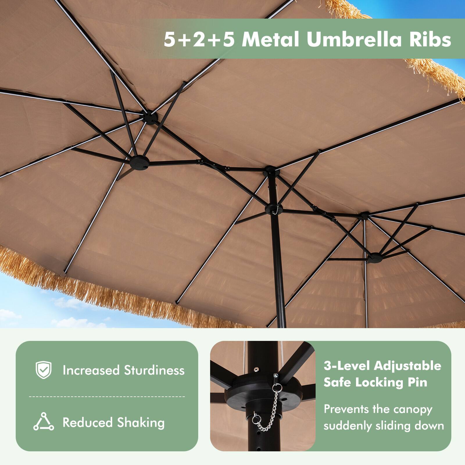 5+2+5 Metal Umbrella Ribs

Increased Sturdiness
Reduced Shaking

3-Level Adjustable Safe Locking Pin
Prevents the canopy suddenly sliding down