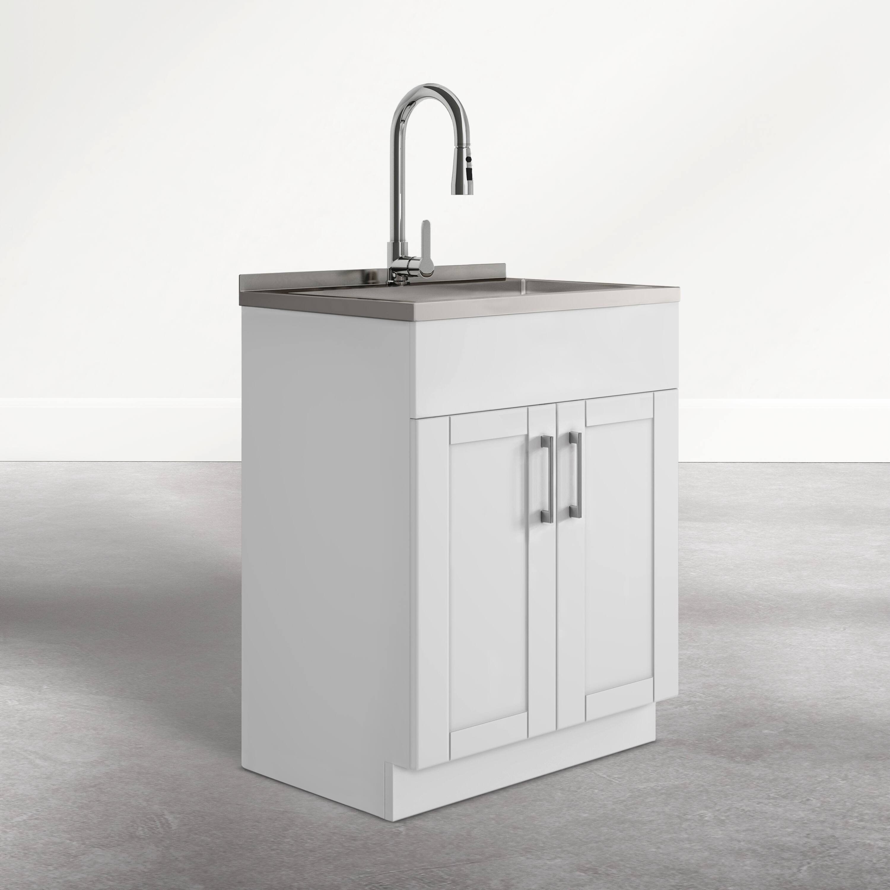 Angle. Simpli Home - Modern Wide Shaker 28 inch Wide Utility Sink and Laundry Cabinet, Glacier White Finish - Glacier White.