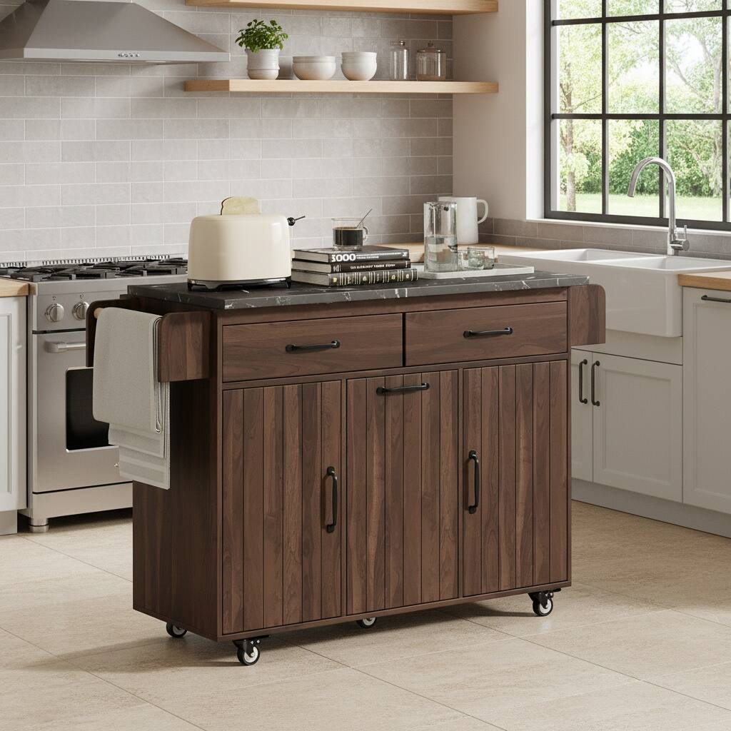 Front. Forest'nSky - Kitchen Island with Trash Can Storage & Drop Leaf – Rolling Cart with Spice Rack, Towel Rack, Brown - Brown.